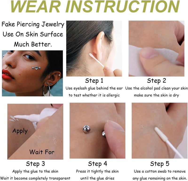 BodyAce 24Pcs Fake Nose Lip Labret Studs Eyebrow Rings, 3mm 4mm Replacement Balls Long Spike Cone with Eyelash Glue, Non-Piercing Body Jewelry Fake Skin Piercing - Image 3